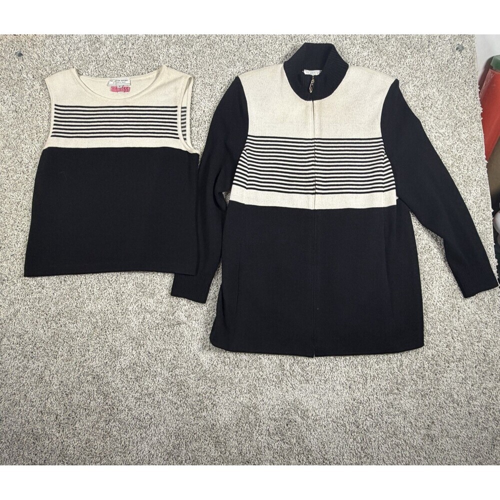 St.John Sport by Marie Gray 2Piece Knit Sweater Set Black Cream Striped Size P/5